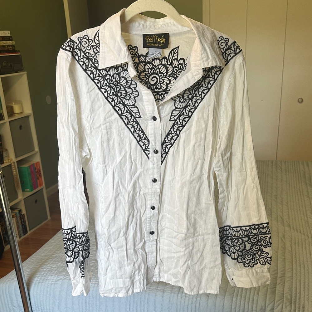 Bob Mackie White Button-Down Shirt with Black Floral Embroidery